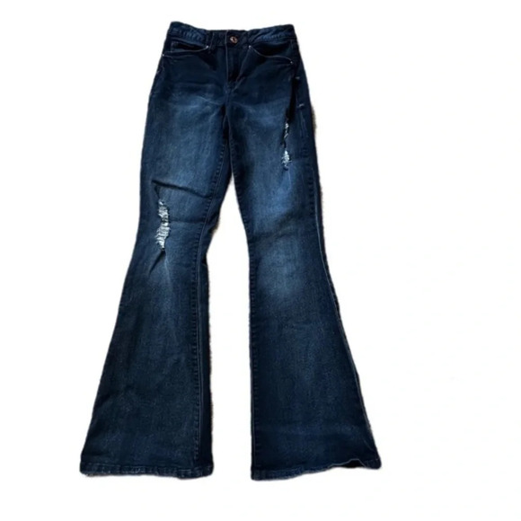 YMI Women's 5/27 Dark Washed Distressed Flare Jeans - Picture 1 of 9